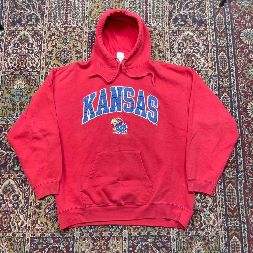 VTG‎ 90s Kansas Jayhawks KU Logo embroidered Red Hoodie Sweatshirt Men L-XL
